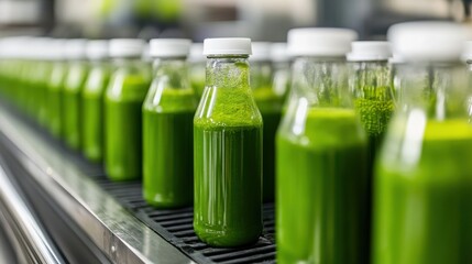 Bottles of fresh green juice lined up on a production line in a modern beverage facility