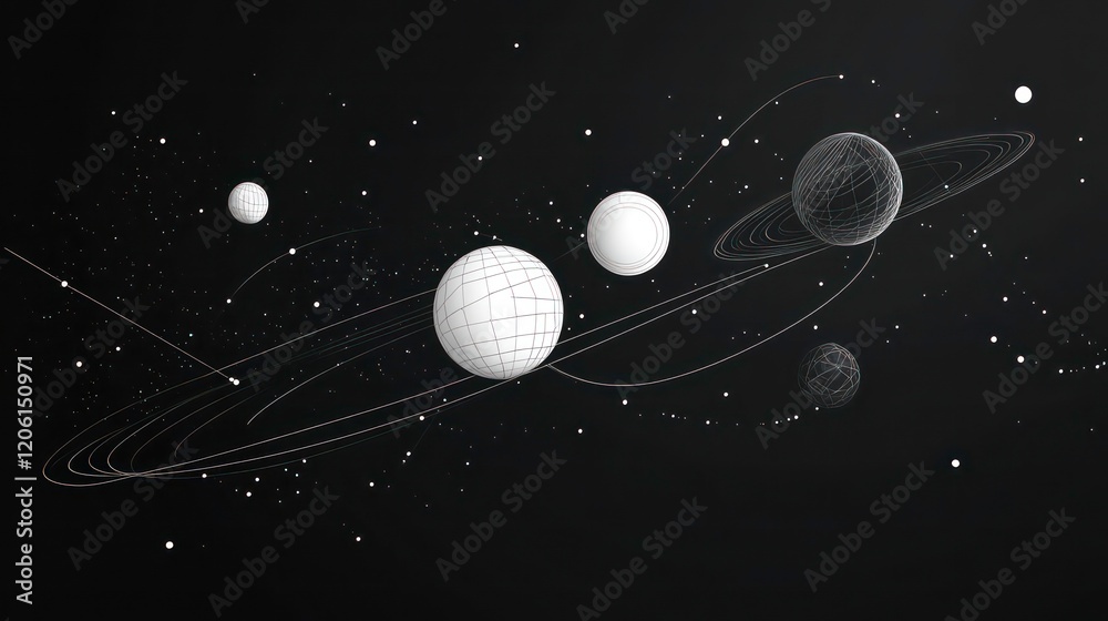 Poster abstract space scene with planets and stars.