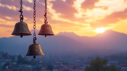 Fototapeta premium Three ornate bells hanging against a sunset mountain view