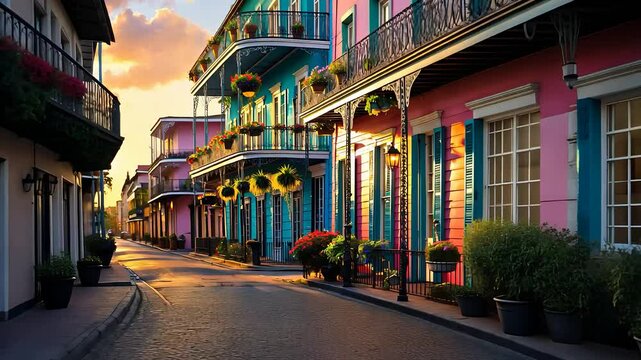 Colorful New Orleans Street with Vibrant Buildings, Flower Boxes, and Balconies at Sunset

