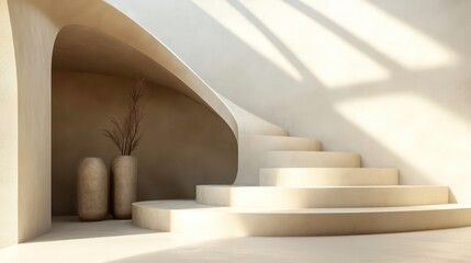 Modern minimalist beige spiral staircase interior with sunlight and decorative vases.