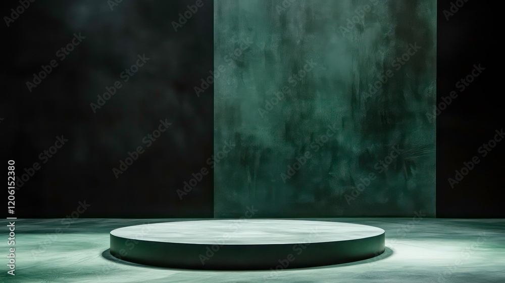 Leinwandbilder dark moody studio product display with circular platform and textured wall.