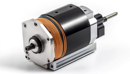 Realistic photo of a compact, high-torque stepping motor with five wires on a white background.