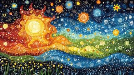 A vibrant, swirling landscape featuring a sun, stars, and flowing water, evoking emotion and imagination.