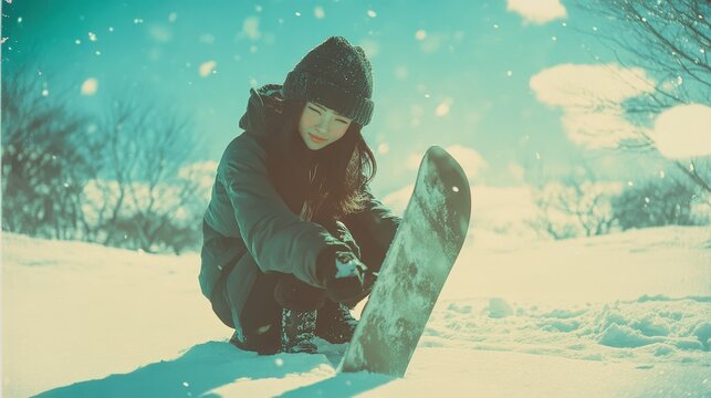 Snowboard enthusiast enjoys a serene moment while preparing for an exhilarating ride in a winter wonderland. Generative AI