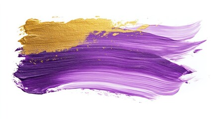 Abstract gold and purple paint strokes on white background.