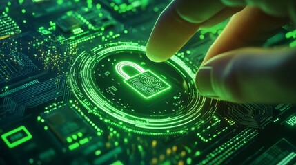 A hand is pointing to a green lock on a computer screen. The lock is glowing and he is a security feature