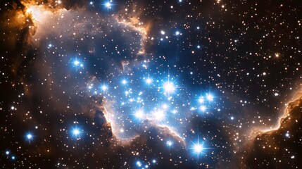 Stunning nebula with bright blue and orange stars against a dark space background.