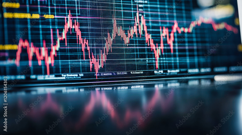 Poster chart displaying stock market trends with vivid candlestick patterns and technical indicators on a d