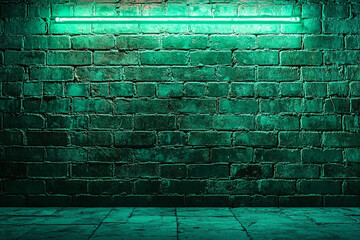 Green Neon Light Illuminating an Empty Brick Wall: Bold and Futuristic Ambience