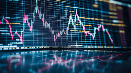 Chart displaying stock market trends with vivid candlestick patterns and technical indicators on a digital screen