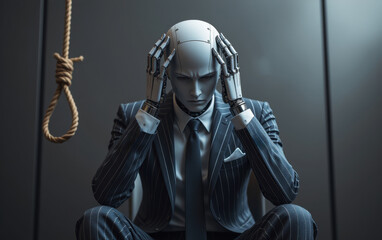 Naklejka premium A surreal image of a humanoid robot in a business suit, its head cradled in its hands, with a noose hanging overhead