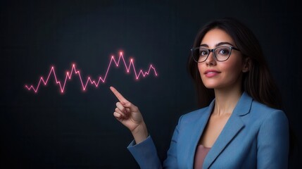 Professional Woman in Glasses Analyzing Digital Graph Trends with Confidence on Dark Background