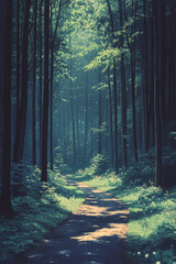 Fototapeta premium Sunlit Path Through A Lush Green Forest
