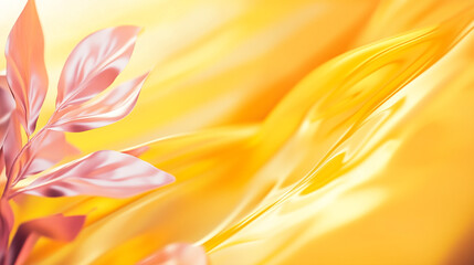 Abstract golden fluid surface with soft pink metallic leaves creating a luxurious and futuristic aesthetic background