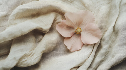 Delicate pink flower on textured beige linen fabric. Soft, elegant, and serene aesthetic.