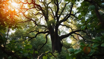 Fototapeta premium Majestic oak tree in lush forest nature photography vibrant green environment captivating perspective