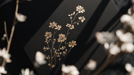 Wedding invitation with a minimalist, modern design featuring a black background and gold floral illustrations, photographed with natural light from a slightly overhead angle