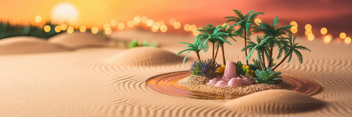Obraz premium Oasis Serenity Sunset Desert Landscape with Palm Trees