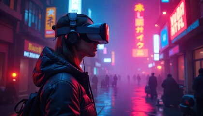 Exploring virtual reality experiences in neon-lit urban streets futuristic environment nighttime viewpoint