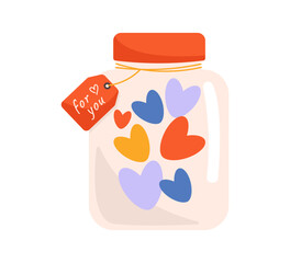 Jar of hearts with gift tag. Flat vector illustration. Isolated on white background.