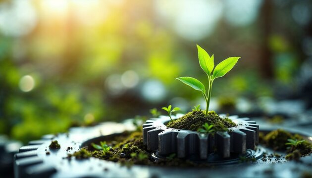 A small plant sprouting from a gear, symbolizing eco-technology and industrial growth. Metallic cogs,and shallow depth of field represent green innovation and sustainability