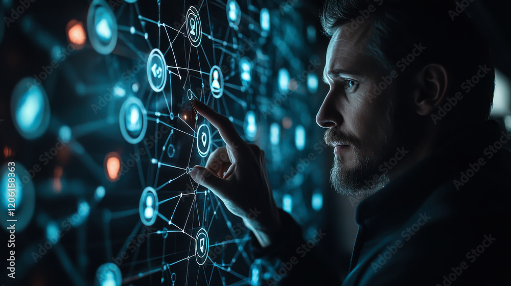 Poster person analyzing a complex network of data visualizations on a dark background in a modern workspace