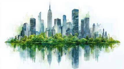Fototapeta premium A watercolor depiction of a city skyline with greenery and reflections in water.
