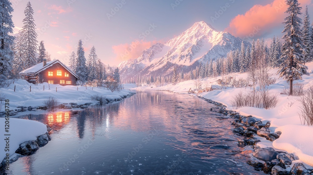 Poster Cabin, snow, mountains, river, sunset. Possible use travel