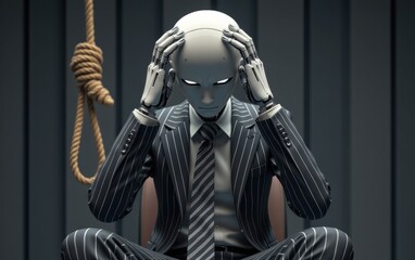 Obraz premium A surreal image of a humanoid robot in a business suit, its head cradled in its hands, with a noose hanging overhead