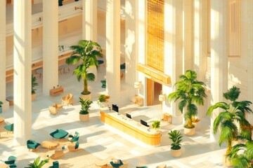 Monochrome Isometric Hotel Lobby Interior With Plush Seating and Decorative Plants in Soft Cream Tones