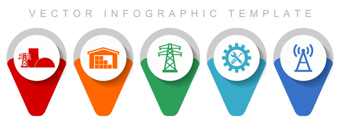 Energy and industry pointer collection, miscellaneous icons such as warehouse, powerline, power plant, service and antenna, flat design vector infographic template in eps 10