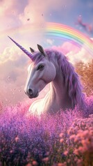 Fototapeta premium Majestic unicorn stands gracefully in a blooming lavender field beneath a vibrant rainbow. Generative AI