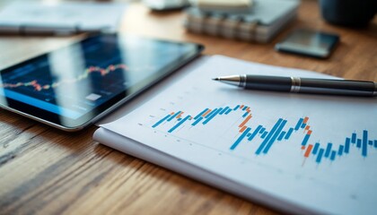 Business desk with financial charts, a tablet, pen, and notepad. Stock market graphs with blue and orange lines, modern office supplies, and a clean, professional workspace.