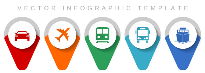 Transport and vehicles pointer collection, miscellaneous icons such as airplane, train, car, bus and ship, flat design vector infographic template in eps 10