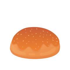 Baking bun in flat design. Round icing loaf with seeds for breakfast. Vector illustration isolated.