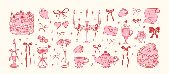 Set of hand drawn coquette elements for Valentines day, wedding invitation, birthday card. Cute girly bows, hearts, ribbons, cherry, cake, heart frame, strawberry. Vintage elegant vector illustration.