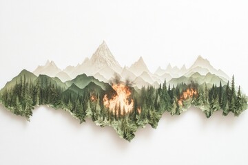 Layers of Green Paper Torn to Expose a Burning Forest Beneath, Illustrating the Impact of Deforestation on the Environment and Nature