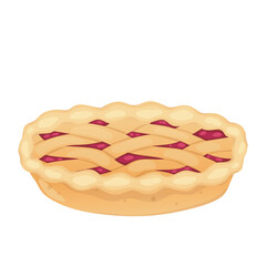 Cherry pie in flat design. Tasty homemade berry tart, sweet fruit cake. Vector illustration isolated.