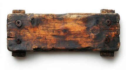 A weathered wooden plank with metal screws, possibly used for construction or as a decorative piece.