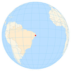 Map showing the location of the city Jaboatao Dos Guararapes in Brazil (South America) on the earth globe.
