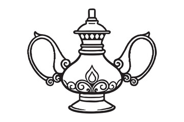 A black and white line art illustration of a vintage oil lamp with ornate metal detailing.eps