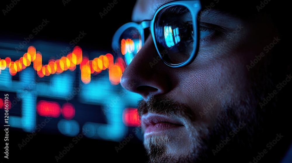Poster focused trader analyzing financial data on computer screen at night