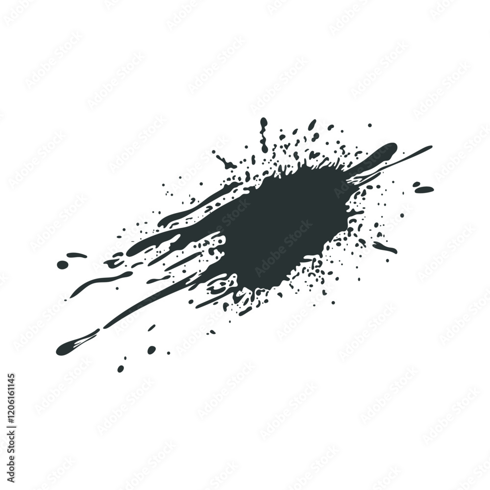 Aufkleber Black ink splatter in flat design. Splashing wet blot shape with drops. Vector illustration isolated.