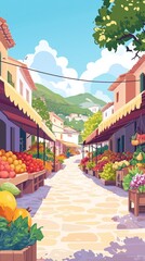 Obraz premium Colorful outdoor farmers market with fresh produce on a sunny day.