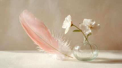 Delicate pink feather and white blossoms in a glass vase. Soft, natural light illuminates the scene, creating a serene and peaceful atmosphere.