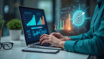 Hands typing on a laptop with a colorful bar graph, target icon, and financial growth chart on a holographic display. Office desk, professional atmosphere