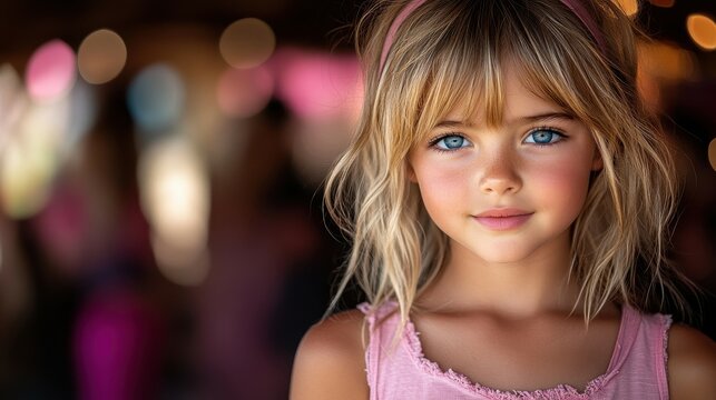 A young girl with blonde hair and blue eyes is smiling for the camera. She is wearing a pink tank top and a pink headband