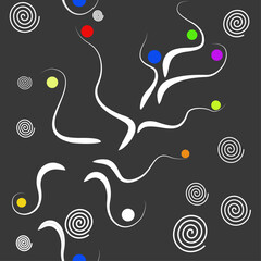 Seamless vector pattern.Wavy lines with circles and spirals on dark background.ai