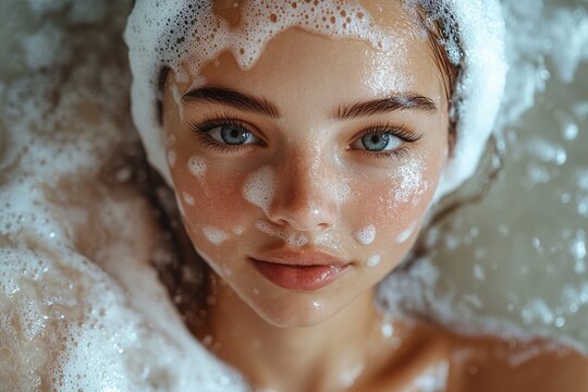 A woman relaxing in a bathtub with foamy water, ideal for spa or wellness concepts